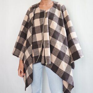 Brown Plaid Zipped Oversized Poncho